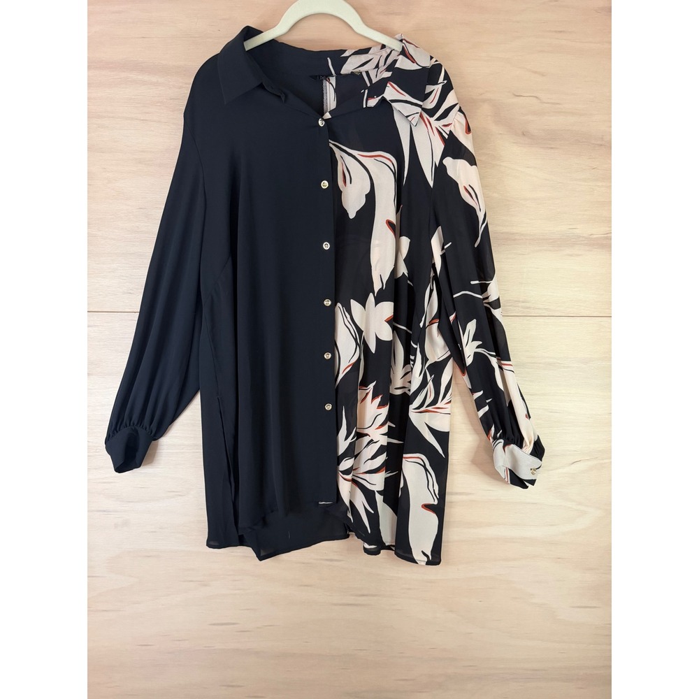 Iman Global Chic Womens 1X Black Floral Split Print Button Down Blouse Tunic